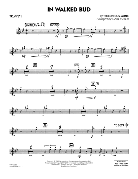 Free Sheet Music In Walked Bud Arr Mark Taylor Trumpet 1