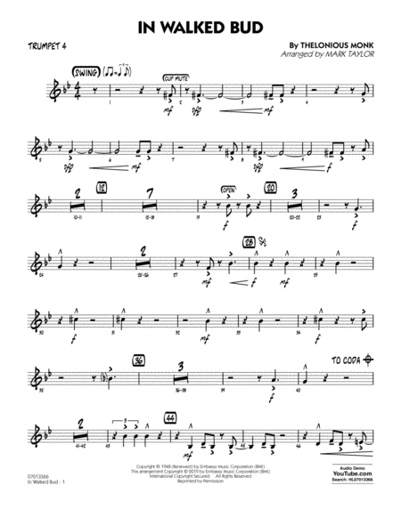 Free Sheet Music In Walked Bud Arr Mark Taylor Trumpet 4