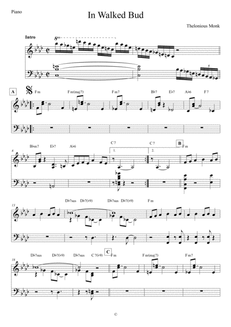 In Walked Bud Piano Sheet Music