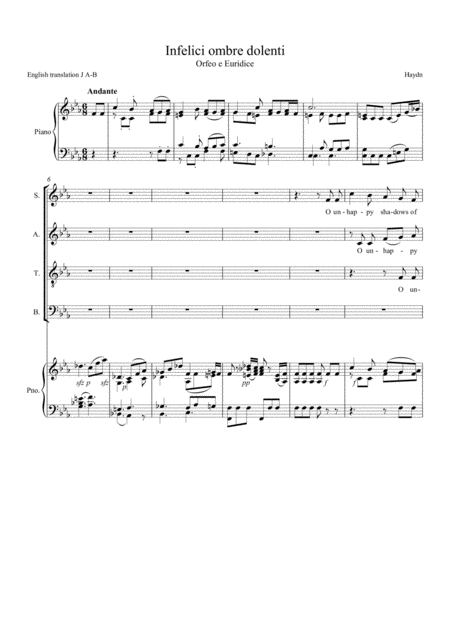 Infelici Ombre Dolenti Unhappy Shadows Of Sorrow From Orpheus Et Eurydice By Haydn Sheet Music