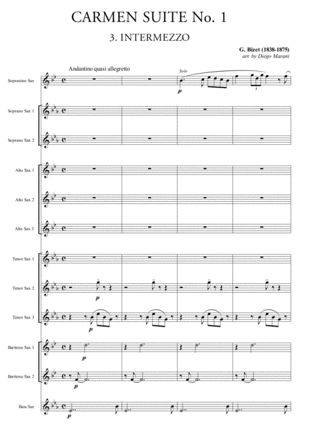 Free Sheet Music Intermezzo From Carmen Suite For Saxophone Ensemble