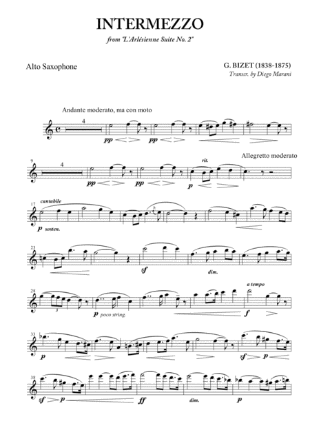 Intermezzo From L Arlesienne For Alto Saxophone And Piano Sheet Music