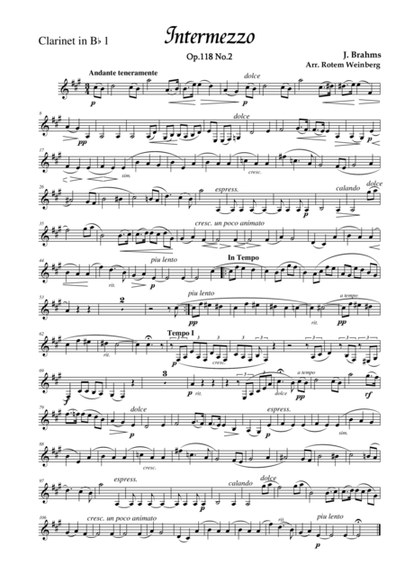 Intermezzo In A Op 118 No 2 Clarinet Quintet Sheet Music