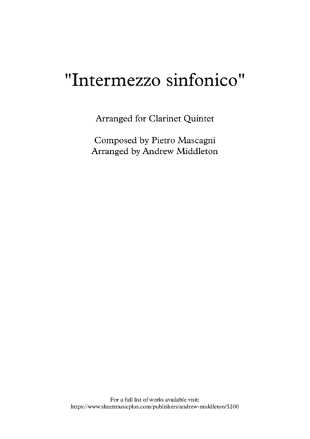 Intermezzo Sinfonico From Cavalleria Rusticana Arranged For Clarinet Quintet Sheet Music