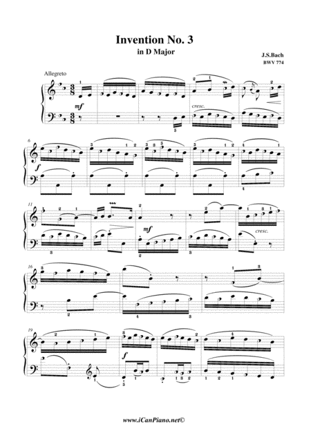 Invention 2 In D Bwv 774 Js Bach Icanpiano Style Sheet Music