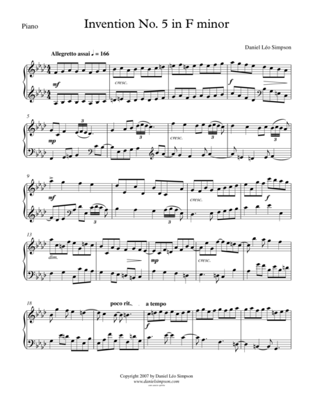 Free Sheet Music Invention No 5 In F Minor