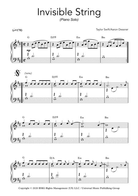 Invisible String By Taylor Swift For Piano Solo Medium Easy Sheet Music