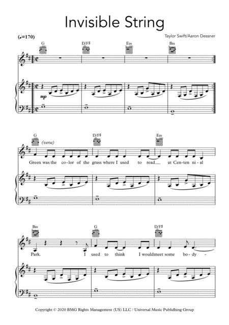 Invisible String By Taylor Swift For Piano Vocal Guitar Sheet Music