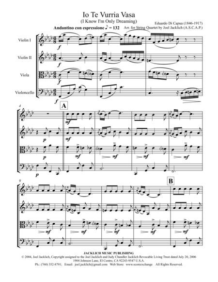 Io Te Vurria Vasa I Know I M Only Dreaming For String Quartet Sheet Music