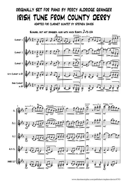 Irish Tune From County Derry By Percy Aldridge Grainger For Clarinet Quintet Sheet Music