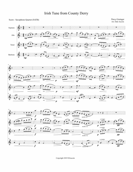 Irish Tune From County Derry Saxophone Quartet Satb Sheet Music