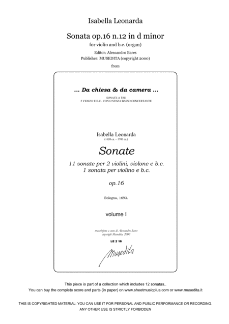 Free Sheet Music Isabella Leonarda Sonata Op 16 N 12 In D Minor