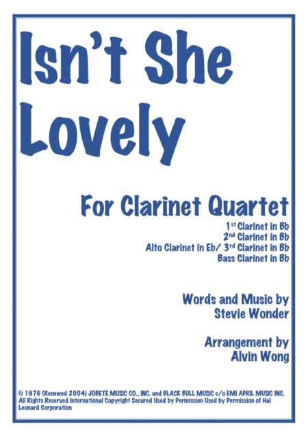 Free Sheet Music Isnt She Lovely Clarinet Quartet