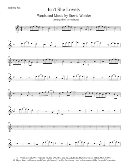 Isnt She Lovely Easy Key Of C Bari Sax Sheet Music