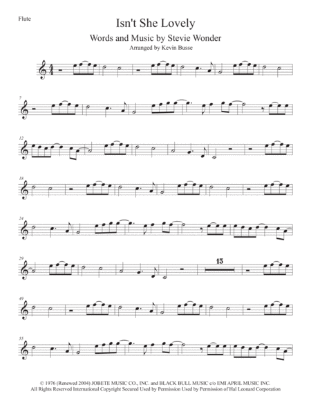 Isnt She Lovely Easy Key Of C Flute Sheet Music