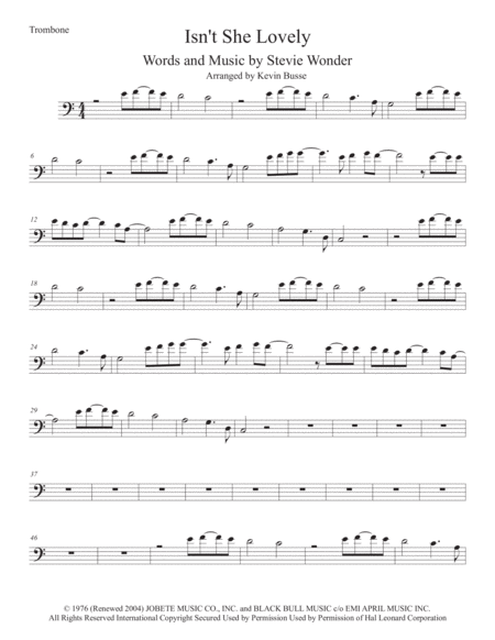 Isnt She Lovely Easy Key Of C Trombone Sheet Music