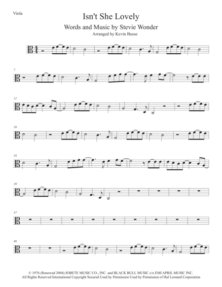 Isnt She Lovely Easy Key Of C Viola Sheet Music