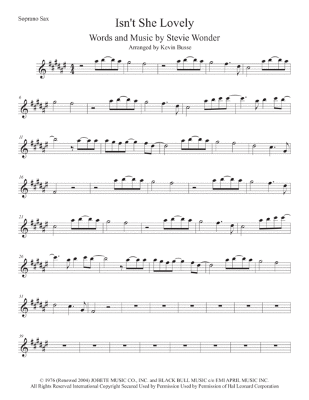 Isnt She Lovely Original Key Soprano Sax Sheet Music