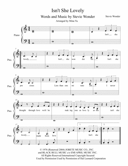 Free Sheet Music Isnt She Lovely Stevie Wonder Easy Piano