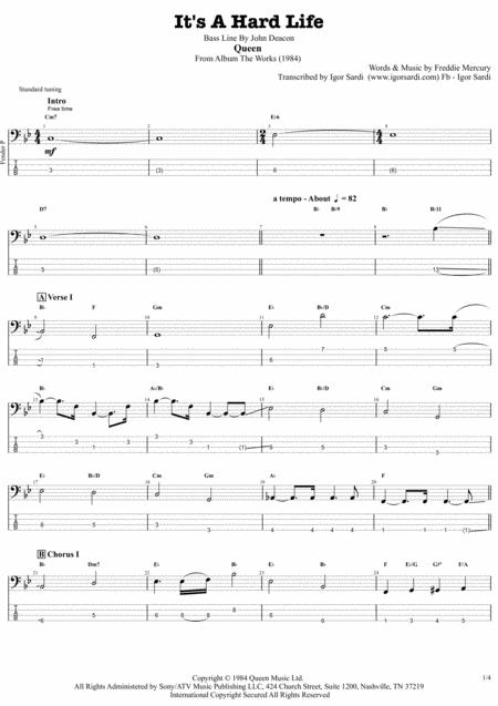 Free Sheet Music It A Hard Life Queen John Deacon Complete And Accurate Bass Transcription Whit Tab