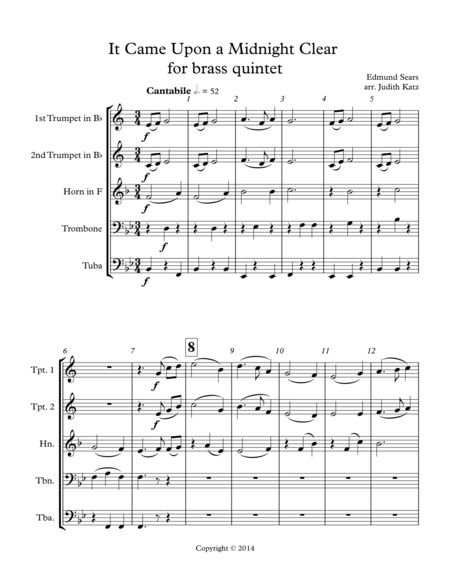 It Came Upon A Midnight Clear For Brass Quintet Sheet Music