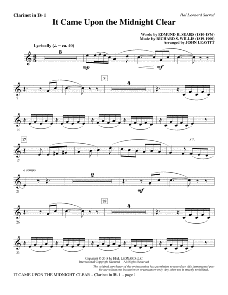 Free Sheet Music It Came Upon The Midnight Clear Bb Clarinet 1