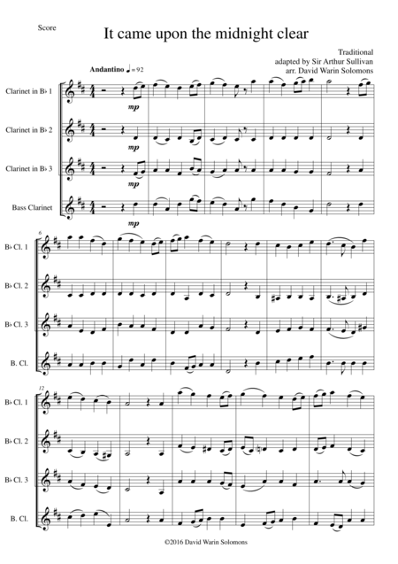 Free Sheet Music It Came Upon The Midnight Clear For Clarinet Quartet 3 B Flats And 1 Bass