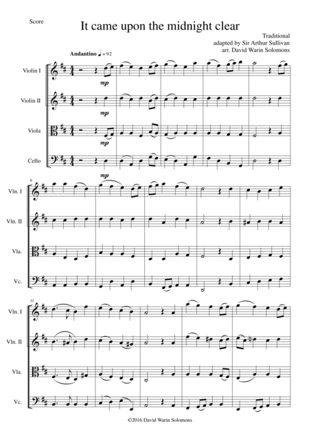 Free Sheet Music It Came Upon The Midnight Clear For String Quartet