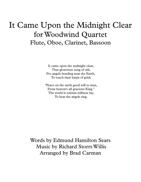 It Came Upon The Midnight Clear For Woodwind Quartet Sheet Music