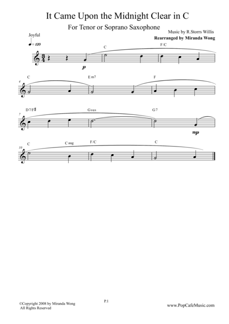 It Came Upon The Midnight Clear Tenor Or Soprano Saxophone Solo Sheet Music