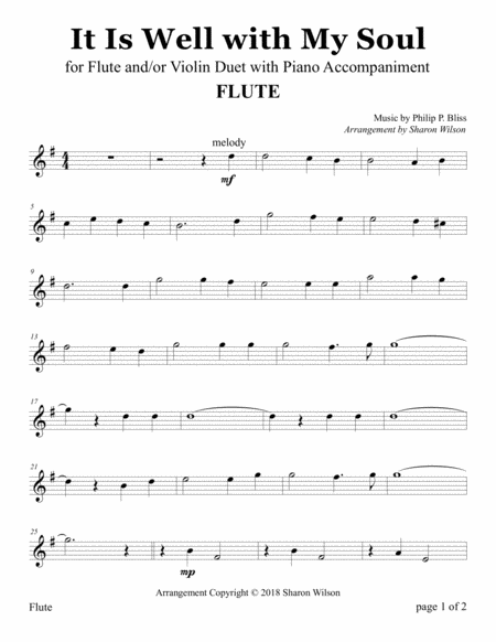 It Is Well For Flute And Or Violin Duet With Piano Accompaniment Sheet Music