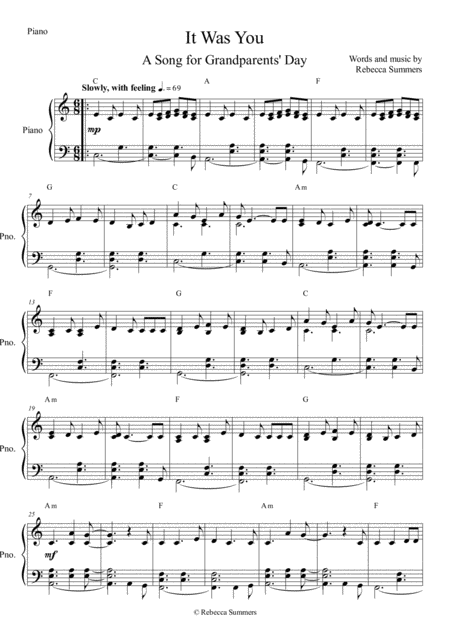 It Was You A Song For Grandparents Day Piano Sheet Music