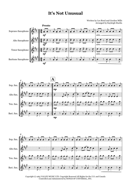 Free Sheet Music Its Not Unusual By Tom Jones Saxophone Quartet Satb