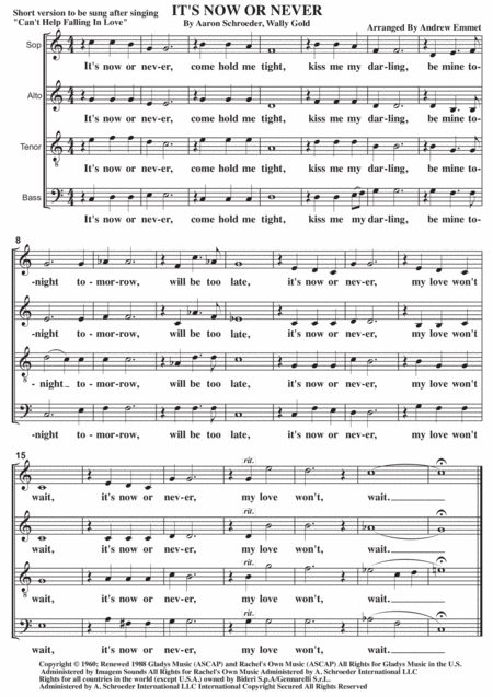 Its Now Or Never A Cappella Sheet Music