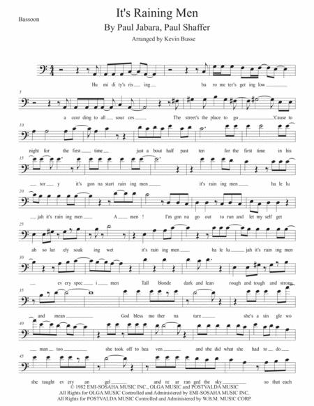 Its Raining Men Easy Key Of C Bassoon Sheet Music