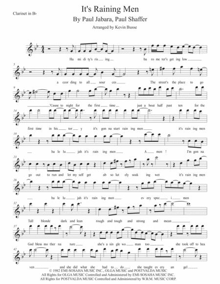 Its Raining Men Original Key Clarinet Sheet Music