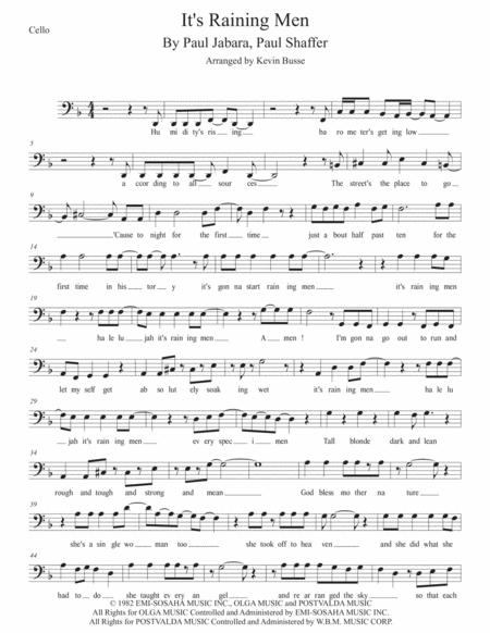 Its Raining Men W Lyrics Cello Sheet Music