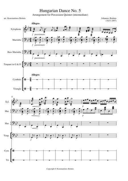 J Brahms Hungarian Dance No5 For Percussion Quintet Sheet Music