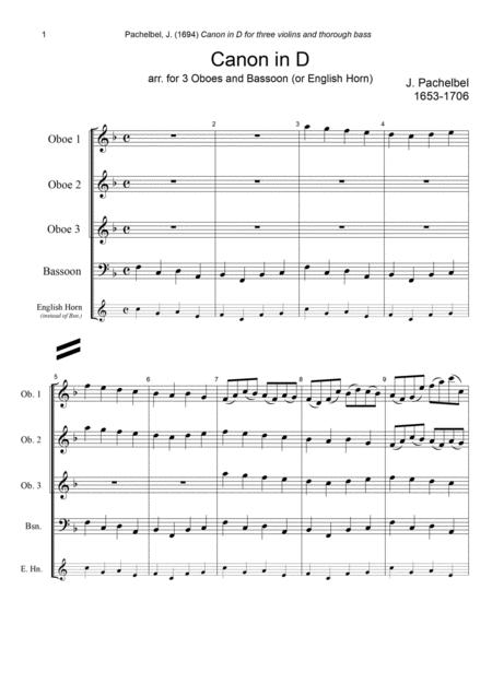 J Pachelbel Canon In D Dur Arr For 3 Oboes Bassoon Or English Horn Sheet Music