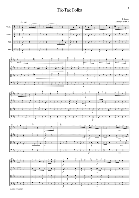Free Sheet Music J Strauss Tik Tak Polka For String Quartet Cs110