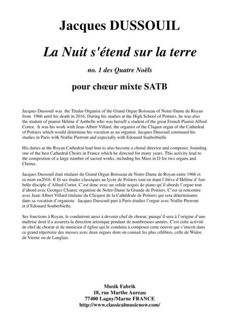 Free Sheet Music Jacques Dussouil La Nuits Tend Sur La Terre From Quatre Nols For Satb Mixed Chorus