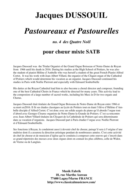 Jacques Dussouil Pastouroux Et Pastourelles From Quatre Nols For Satb Mixed Chorus Sheet Music