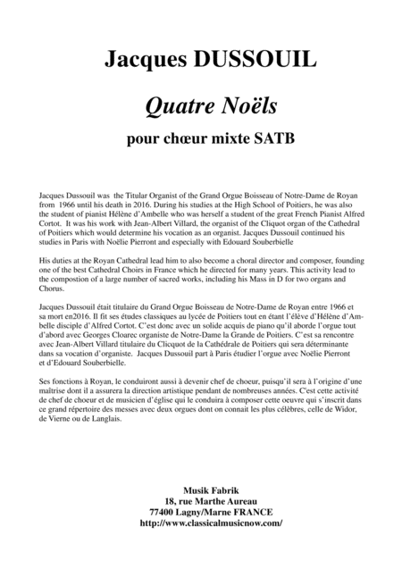 Jacques Dussouil Quatre Nols For Satb Mixed Chorus Sheet Music