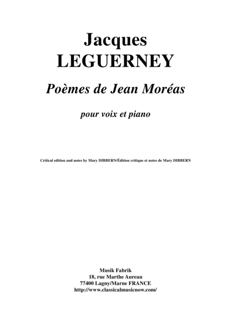 Jacques Leguerney Pomes De Jean Moreas For Medium Voice And Piano Sheet Music