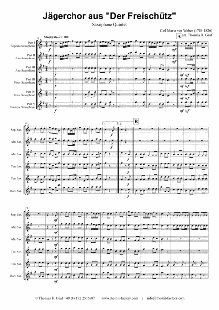 Free Sheet Music Jaegerchor Der Freischuetz C M Weber Saxophone Quintet