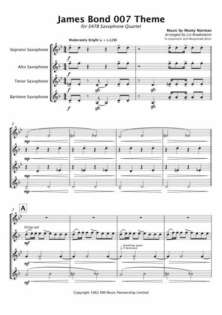 James Bond 007 Theme Satb Saxophone Quartet Sheet Music