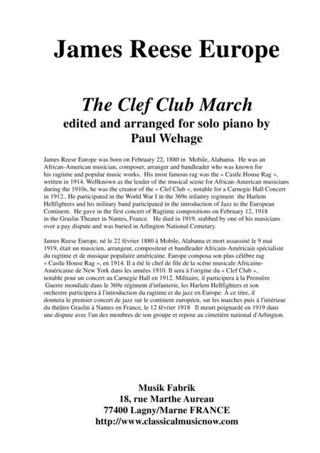 Free Sheet Music James Reese Europe The Clef Club March Arranged For Solo Piano