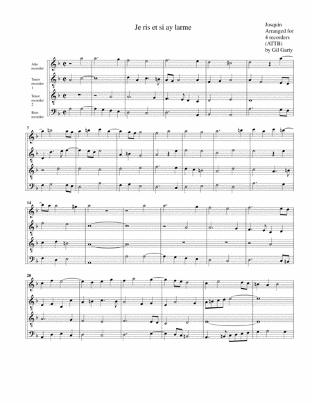 Free Sheet Music Je Ris Et Si Ay Larme Arrangement For 4 Recorders