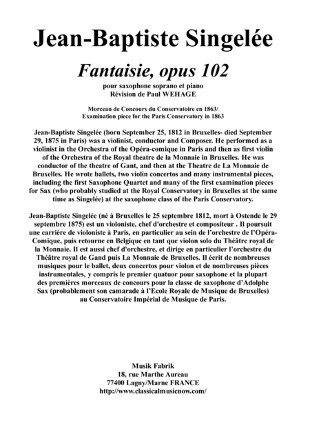 Free Sheet Music Jean Baptiste Singele Fantaisie Opus 102 Pour Saxophone Soprano Et Piano