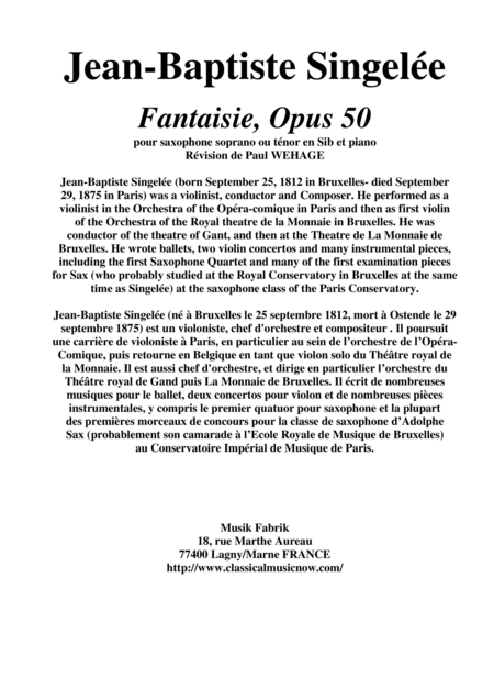 Free Sheet Music Jean Baptiste Singele Fantaisie Opus 50 Pour Saxophone Soprano Ou Tnor En Sib Et Piano